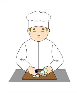 The Cook Cuts The Vegetables On a Cutting board With a Knife. Stock Illustration