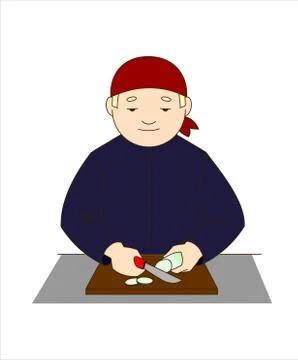 The Cook Cuts The Vegetables On a Cutting board With a Knife. Stock Illustration