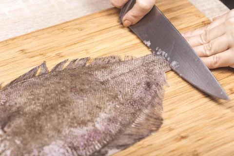 Cook cutting fish flounder Stock Photos