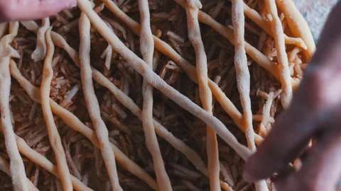 Cook decorates apple pie Stock Footage
