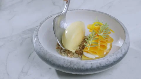 The cook decorates the sweet dish. Putting sorbet to a sweet dish. Slow motion. Stock Footage 263345537