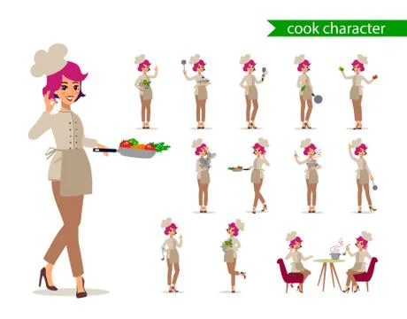 Cook female character vector design. Animate personage. Set of fun cartoon pe Stock Illustration