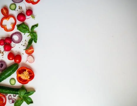 Cook frame with fresh vegetables on white background top view space for text Stock Photos