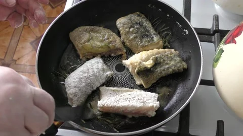 The cook fry the fish in a pan Stock Footage 163553093