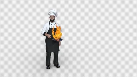 A cook with a frying pan with fire , animation, transparent background Stock Footage
