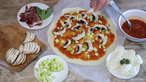 Cook hands making pizza dough and preparing Stock Footage 131235212