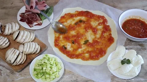 Cook hands making pizza dough and preparing Stock Footage 131235214