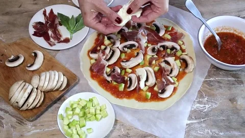 Cook hands making pizza dough and preparing Stock Footage 131394172