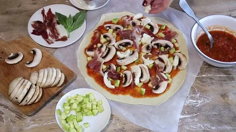 Cook hands making pizza dough and preparing Stock Footage 131394224