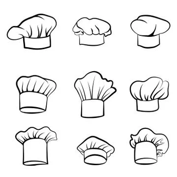 Cook hat. Drawn hat chef cook. Hat chef-cooker set. Cuisine signs Stock Illustration