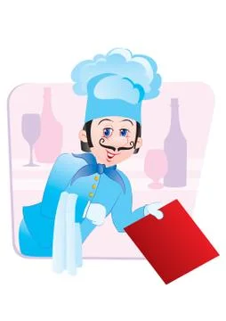Cook in a hat offers a red menu, isolated object on a white background, vecto Stock Illustration