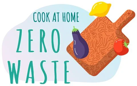 Cook at home. Kitchen tools set. Wooden cutting board, purple eggplant, yellow Illustrazione stock