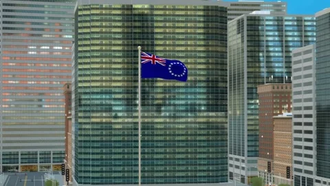 Cook Islands Flag 3D Render Animation on Pole with Modern Business District  Stock Footage 332883661