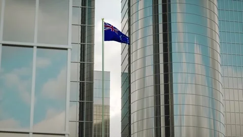 Cook Islands Flag 3D Render Animation on Pole with City Buildings Stock-Footage 332886802