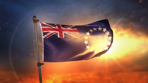 Cook Islands Flag Backlit At Beautiful Sunrise Loop Slow Motion 4K Stock Footage 76312902