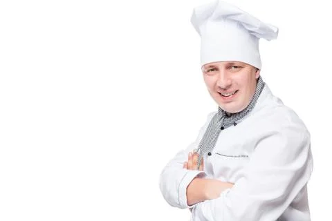 Cook, in jacket and cap on a white background and space Stock Photos