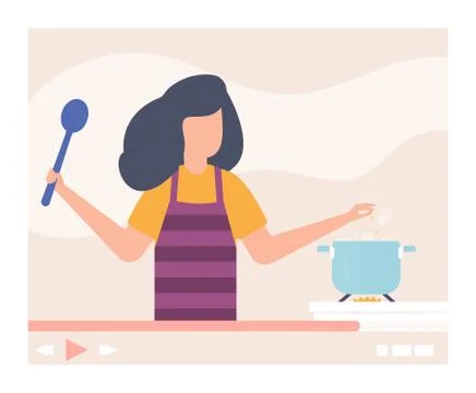 Cook at kitchen online video tutorial, vector illustration. Chef cooking at Stock Illustration