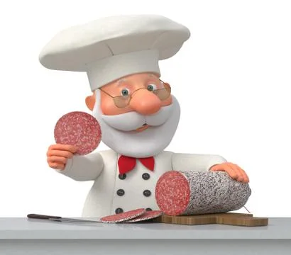 The cook in kitchen with sausage Stock Illustration