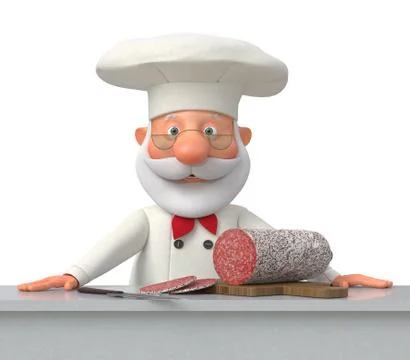 The cook in kitchen with sausage Illustrazione stock