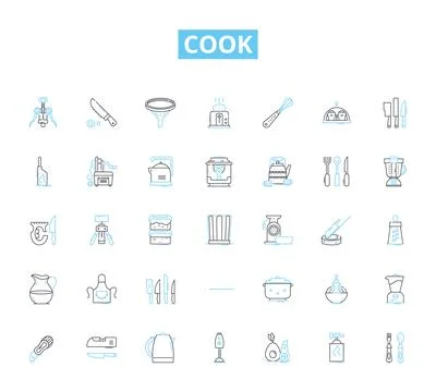 Cook linear icons set. Saute, Grill, Bake, Simmer, Fry, Roast, Stir-fry line Ilustración de archivo