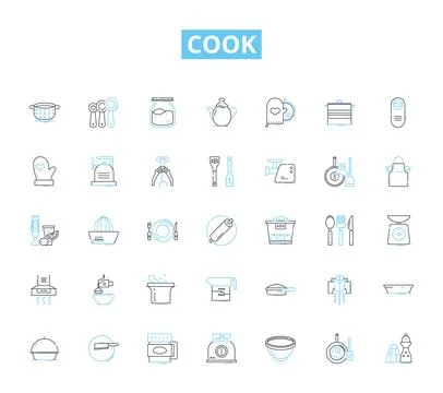 Cook linear icons set. Saute, Grill, Bake, Simmer, Fry, Roast, Stir-fry line Ilustración de archivo