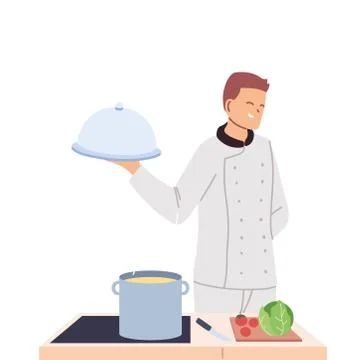 Cook man with work table and food Stock Illustration