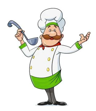 Cook with moustache and spoon. Cartoon character at restaurant kitchen, Isola Stock Illustration