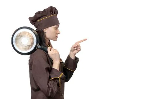 Cook with pan indicated in the side Stock Photos