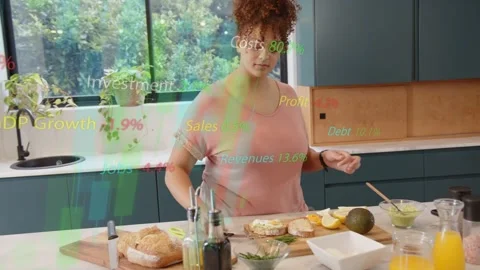 Cook picking knife prepping bread and toppings to serve while finance terms Stock Footage 333893878