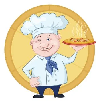 Cook with pizza on a circular background Illustrazione stock