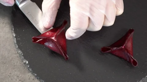 Cook prepares beetroot appetizer. Cook serves beetroot and cream cheese dishes Stock Footage 126447175