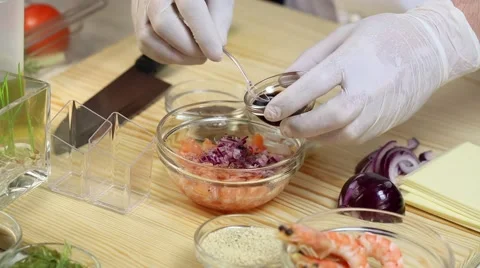 Cook prepares canapes in the kitchen at the restaurant Stock Footage 62709547