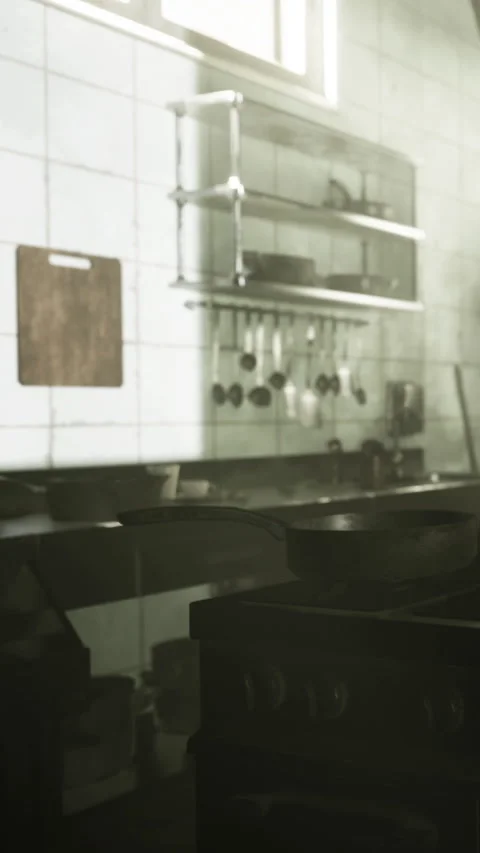 A cook prepares food in a kitchen filled with cooking tools and pots Stock-Footage 337941351