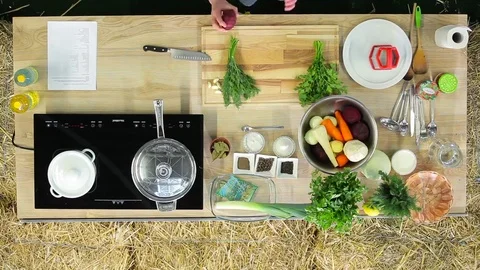 The cook prepares a meal view from above Stock Footage