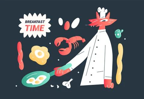 The cook prepares scrambled eggs. fresh pastries for breakfast Illustrazione stock