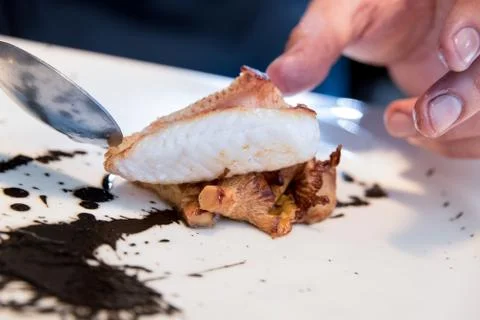Cook preparing a fish dish Stock Photos