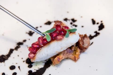 Cook preparing a fish dish Stock Photos