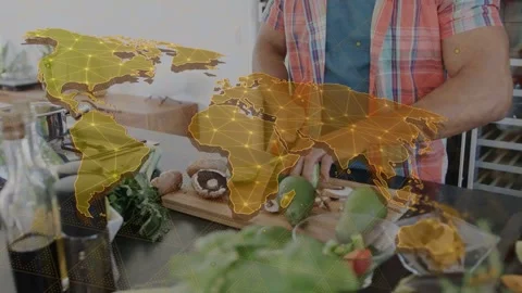 Cook preparing food at kitchen counter grasping knife slicing zucchini golden Stock Footage 335480862