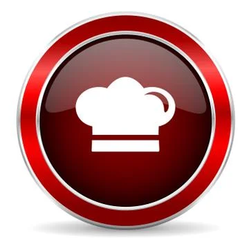 Cook red circle glossy web icon, round button with metallic border Stock Illustration