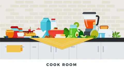 Cook room with healthy breakfast. Vector flat illustrations. Healthy eating Stock Illustration