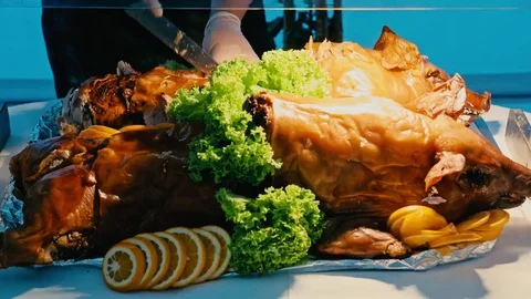 Cook slices of pig Video stock 69747831