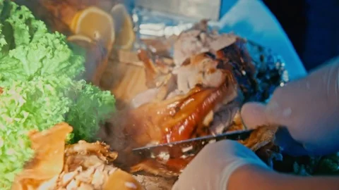 Cook slices of pig Stock Footage 69749087