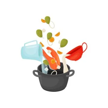 Cook the soup with fish and vegetables in a saucepan. Vector illustration. Ilustração Stock