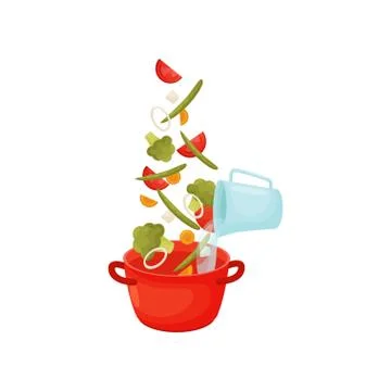 Cook the soup of green beans with vegetables in a saucepan. Vector illustration. Ilustração Stock