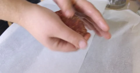 Cook Throw Minced Meat. Cooking Cutlets. Cooking Meatballs in Cottage Conditions Stock Footage 132475278