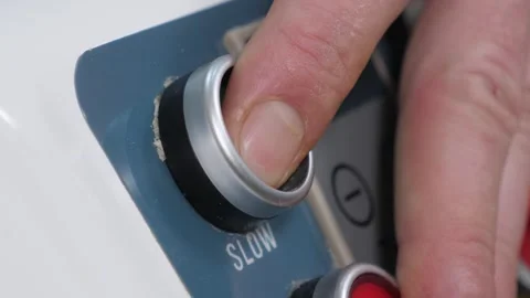 The cook turns on the food processor to knead the dough, he presses the button. 스톡 동영상 344038500