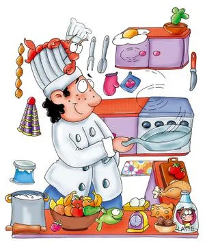 Cook at work with pot and egg jumping Illustrazione stock