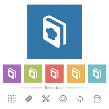 Cookbook with chef hat flat white icons in square backgrounds Stock Illustration