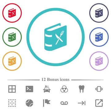 Cookbook with knife and fork flat color icons in circle shape outlines Stock Illustration
