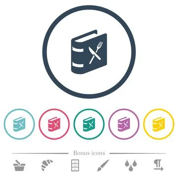 Cookbook with knife and fork flat color icons in round outlines Stock Illustration